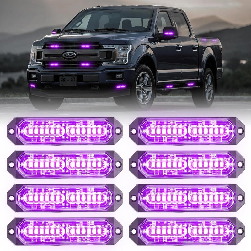 PKINGLAKE 8-Pcs Purple LED Funeral Escort Emergency Strobe Grille Lights Bar, Ultra Slim Sync Feature Surface Mount Hazard Warning Flashing Light for Firefighter/Police/Trucks/Vehicles/Car - Image 1